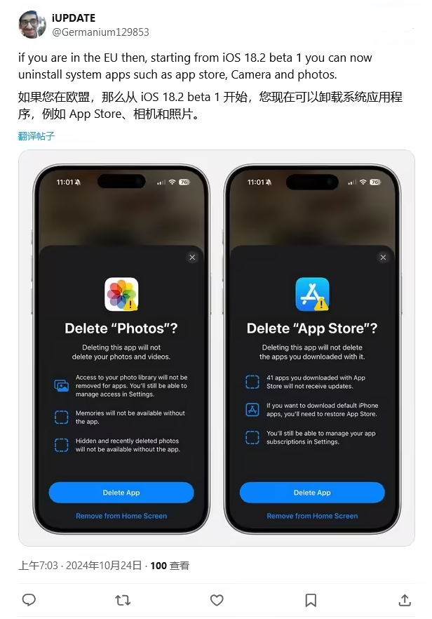 淮阳苹果手机维修分享iOS 18.2 支持删除 App Store 应用商店 